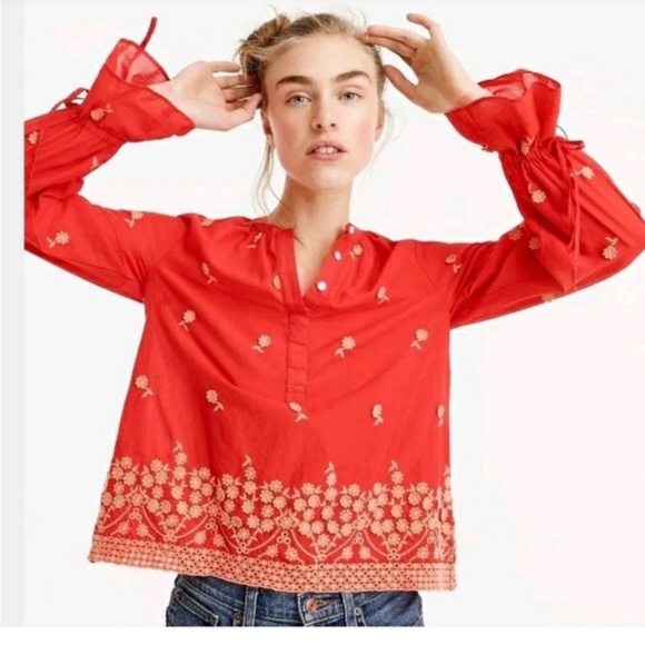 J. Crew embroidered popover Scarlet Blouse with Floral Detailing S - Picture 1 of 7